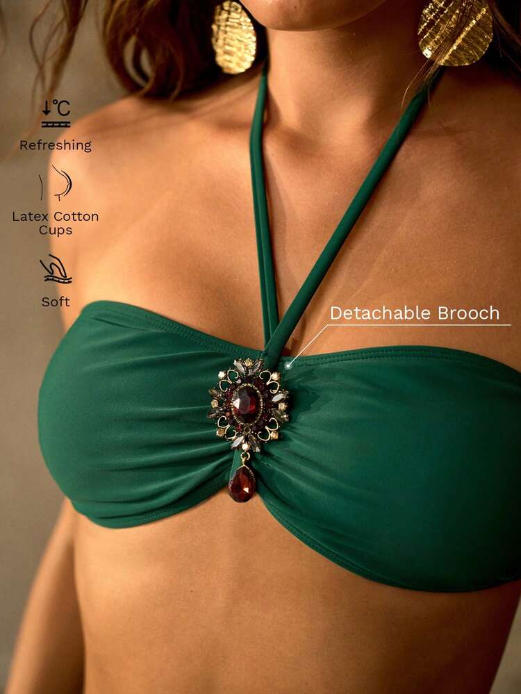GLAMOROUS SHINY DETACHABLE BROOCH JEWELRY DECOR CASUAL BIKINI SWIMSUIT SET