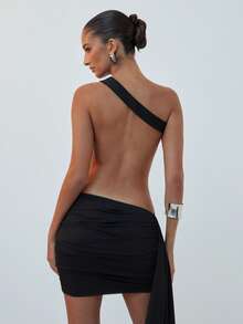 Hauture Damen Asymmetrisches Volant-Ausschnitt Mini-Kleid - Schwarz - Übersicht 2