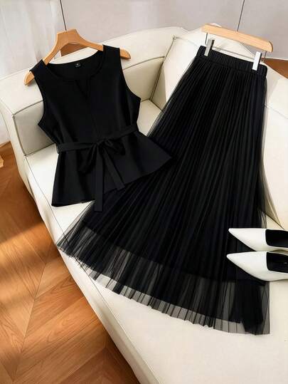 GlowEve CURVE 大码女式纯色圆领上衣和网纱裙休闲两件套，适合约会和外出穿着