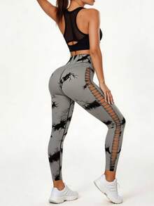 High Performance Tie Dye Leggings With Lace - For Yoga And Workout - 灰色 - 查看 2