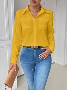 Airaco Camisa de manga larga ajustada con bolsillo y cuello casual blanca para mujeres, parte superior amarilla - Amarillo - Ver 6