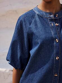 Maija Đầm denim tay phồng xếp ly cài cúc đơn dành cho nữ, thích hợp cho kỳ nghỉ, du lịch. - Rửa tối - Xem 7