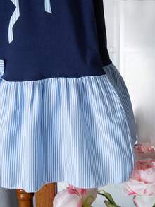 Young Girl Patchwork Striped Bow Decor Short Sleeve Cute Dress - Blue - View 7