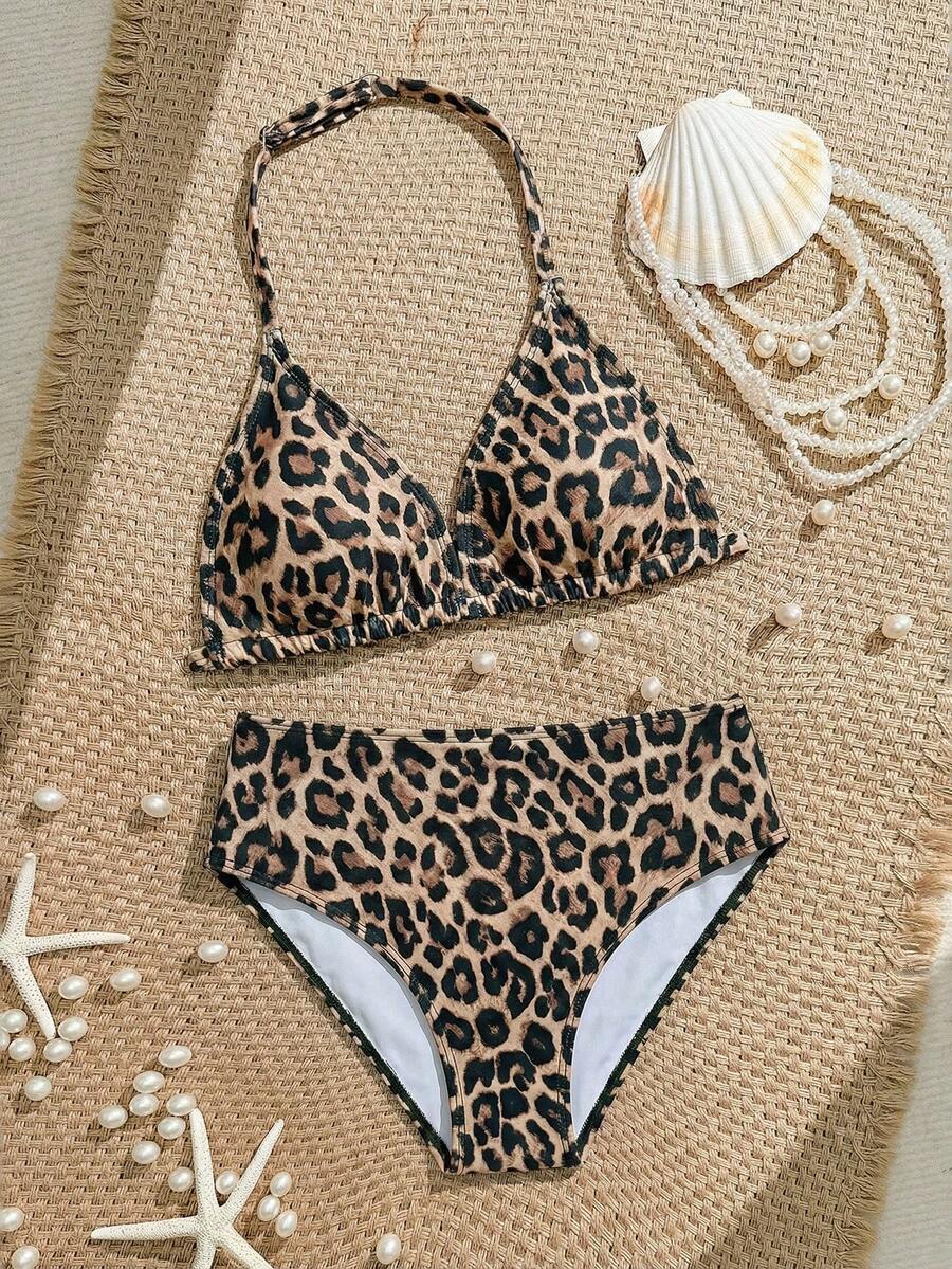 SHEIN Tween Girls Bikini Sets,Red And Cheetah Print Cute Knit Fabric Separates,Fashionable Casual Elegant Swimwear For Summer,Beach,Holiday,Vacation,Pool - Multicolor - View 1