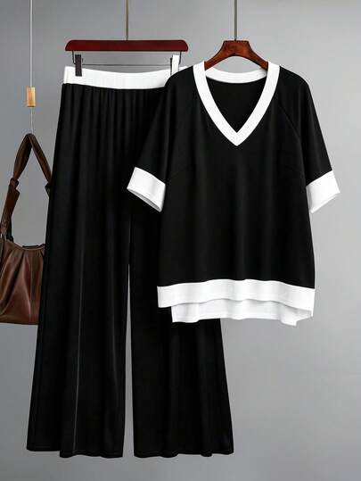 SHEIN LUNE CURVE 大码女式黑白拼接休闲短袖上衣和裤子套装