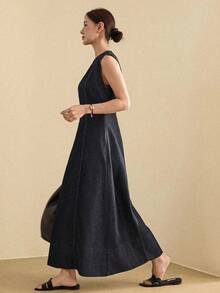 Dazy-Less Đầm denim midi không tay phối nhiều mảnh, đường may kiểu công chúa, phong cách công sở thường ngày, thích hợp cho mùa xuân và hè. - Màu xanh lam - Xem 4