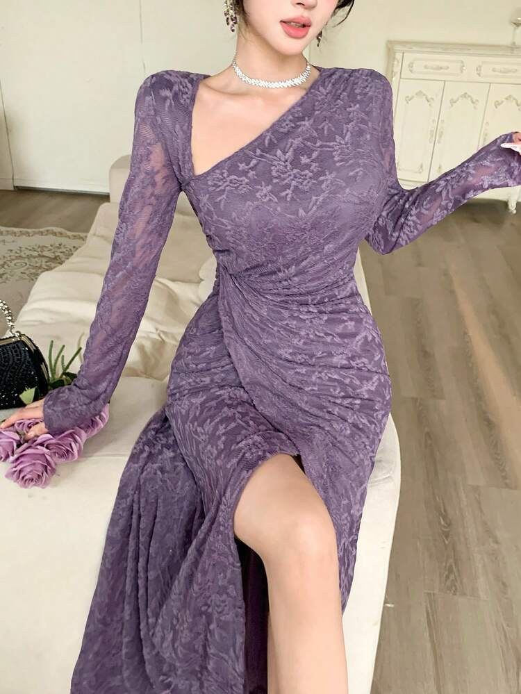 Women's Lace Asymmetrical Shoulder Bodycon Dress, Elegant For Dates Summer Sun Dresses For Women