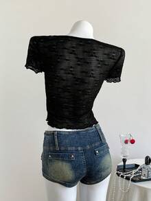 SHEIN Unity Women's Black Textured Mesh Bow Tie-Up V Neck Short Sleeve Sexy Tee, Versatile - Black - View 2