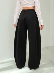 SHEIN Tall 女士秋冬街头风返校学院风休闲保暖舒适法式黑色弹力腰带弧形裤脚长裤，黑色长裤 - 黑色 - 查看 3