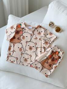 2 Pieces Baby Boy Cute Bear Pattern Casual Home Wear Set, Loose And Relaxed Fit, Perfect For Summer - Brown - View 4