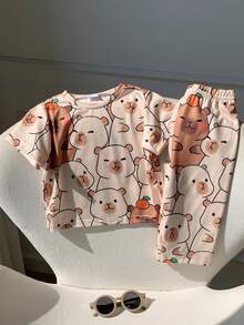 2 Pieces Baby Boy Cute Bear Pattern Casual Home Wear Set, Loose And Relaxed Fit, Perfect For Summer - Brown - View 6
