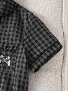 Set Of 2 Pieces Casual Plaid Short Sleeve Shorts Set For Boys,Grey,Summer,Family Matching,Embroidered Play Pattern,Loose Loungewear Soft Fabric - Grey - View 8