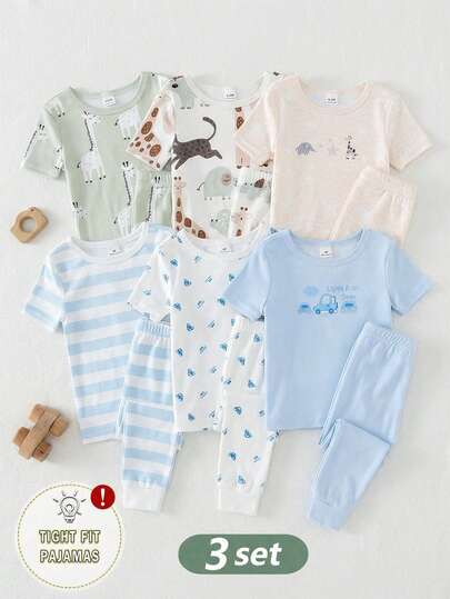 SHEIN Vintaside Kids 6pcs Baby Boy Casual Comfortable Soft Knit Tee & Pants Pajama Set, Cute Car Cartoon Print, Daily Wear