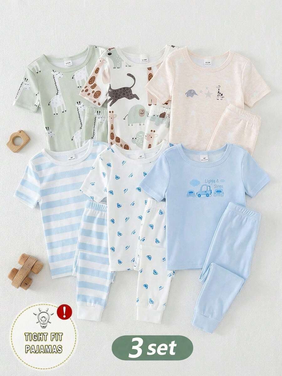 SHEIN Vintaside Kids Conjunto de 6 piezas de pijama informal y cómodo para bebé niño, con camiseta de punto suave y pantalones, con estampado de dibujos animados de coches, para uso diario - Multicolor - Ver 1