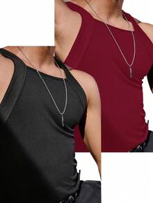 Manfinity Homme Plus Size Men's Solid Color Square Neck Ribbed Tank Top, Holiday - Multicolor - View 4