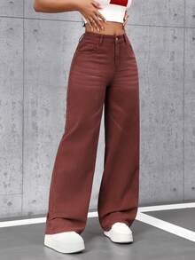 SHEIN Tall 女士纯色休闲牛仔裤 - 咖啡棕 - 查看 3