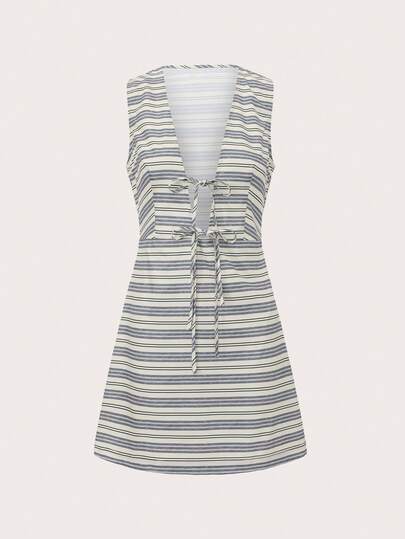 K-Vae Solid Color Deep V-Neck Sleeveless Tie-Up Hollow Out Detail Dress