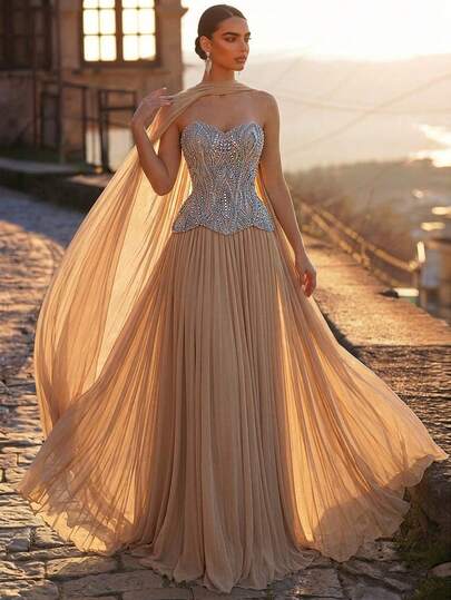 Glamrae Elegant Luxurious Apricot Satin Beaded Sequin Embroidered Mesh Splice Elastic Knit Ruched Hanging Tassel Suitable For Wedding, Party, Vacation, Ball, Holiday Evening Dress