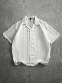 PAVTROS Men's White Cuban Collar Jacquard Striped Loose Short Sleeve Shirt - White - View 3