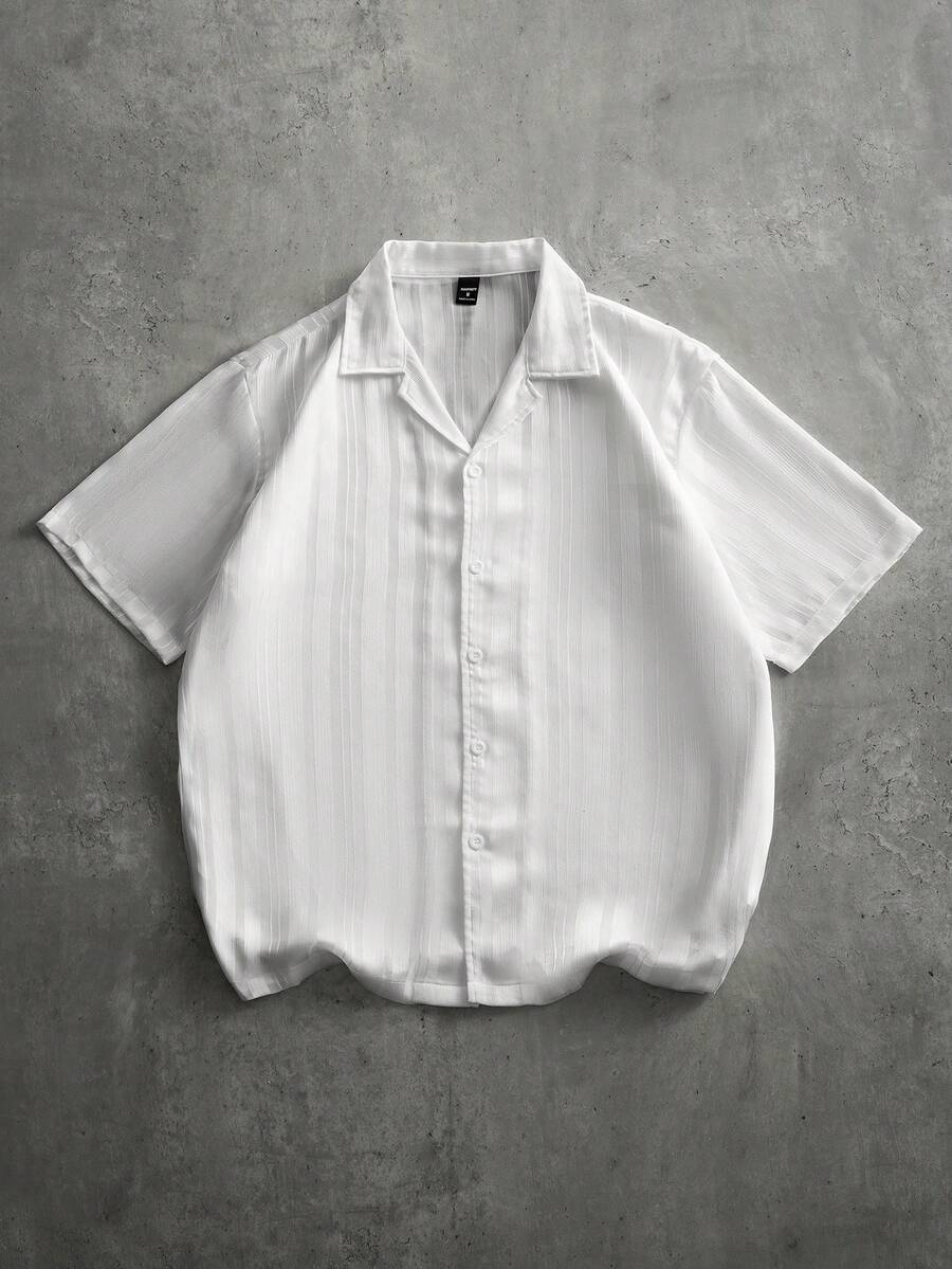 PAVTROS 男士白色领提花条纹宽松短袖衬衫 - 白色 - 查看 1