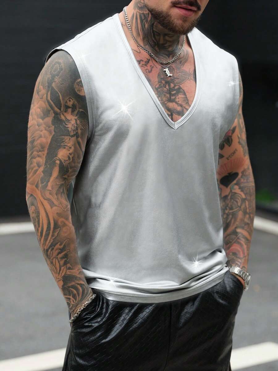 SLATEMANN 男士无袖背心，V领设计，银色反光面料，街头风 - 銀色 - 查看 1