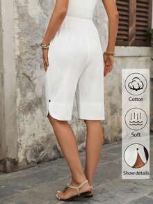 EMERY ROSE 女士休闲纯色短裤，夏季 - 白色 - 查看 2