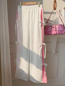 SHEIN EZwear 女式松紧腰撞色直腿休闲白色运动裤配蝴蝶结 - 白色 - 查看 7