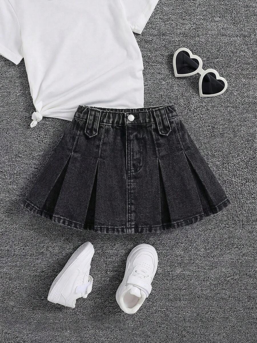 SHEIN Chân váy denim xếp ly cho bé gái, chân váy boho dễ thương mùa xuân hè. - màu đen - Xem 1