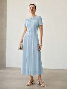 MOTF PREMIUM VESTIDO DE CINTURA ALTA CON FRENTE COSIDO Y VUELO, ESTILO ELEGANTE FRANCÉS - Celeste - Ver 1