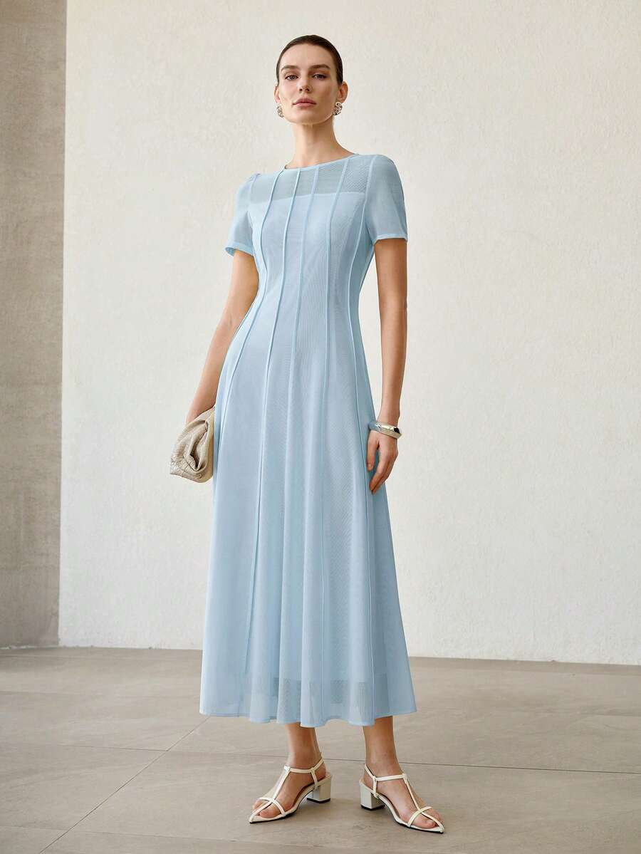 MOTF PREMIUM VESTIDO DE CINTURA ALTA CON FRENTE COSIDO Y VUELO, ESTILO ELEGANTE FRANCÉS - Celeste - Ver 1