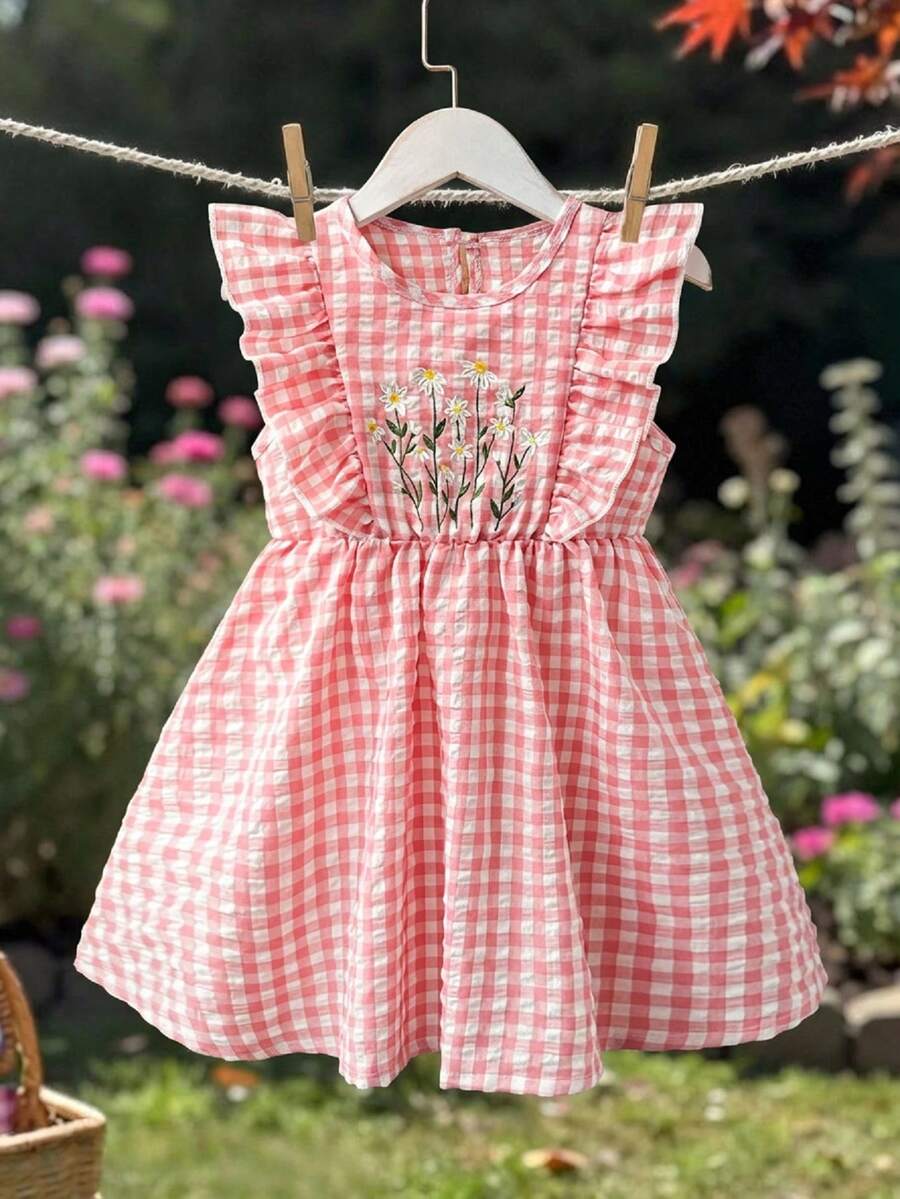 SHEIN Vintaside Kids 1 chiếc đầm hè mới màu hồng kẻ caro cho bé gái, cổ tròn, tay ngắn, thêu hoa cúc, eo chun, cổ sau có chun, họa tiết giọt nước, kiểu dáng dễ thương, ngọt ngào, thường ngày. - Hồng - Xem 1
