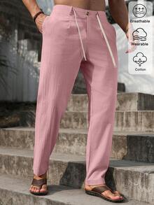 VENTUSAIL 男士纯色抽绳腰长裤，锥形修身亚麻长裤，清爽简约，适合外出和秋季穿着。 - 粉色 - 查看 6