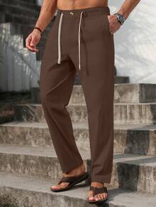 Manfinity RSRT Men Solid Drawstring Waist Pants Tapered Long Slacks Linen Cool Plain Going Out, Fall - Brown - View 4