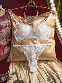 PinupPomp White Sexy Embroidered Semi-Sheer Lingerie Set For Women - White - View 1