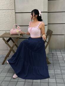 GalTyme Falda suelta con volantes de talla grande en azul marino - Azul Marino - Ver 5