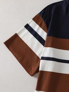 SHEIN Bộ 2 món dành cho bé trai tuổi teen, gồm áo thun ngắn tay in sọc và quần short thể thao đơn giản, thoáng khí, phù hợp cho nhiều mùa. - Màu Khaki - Xem 5