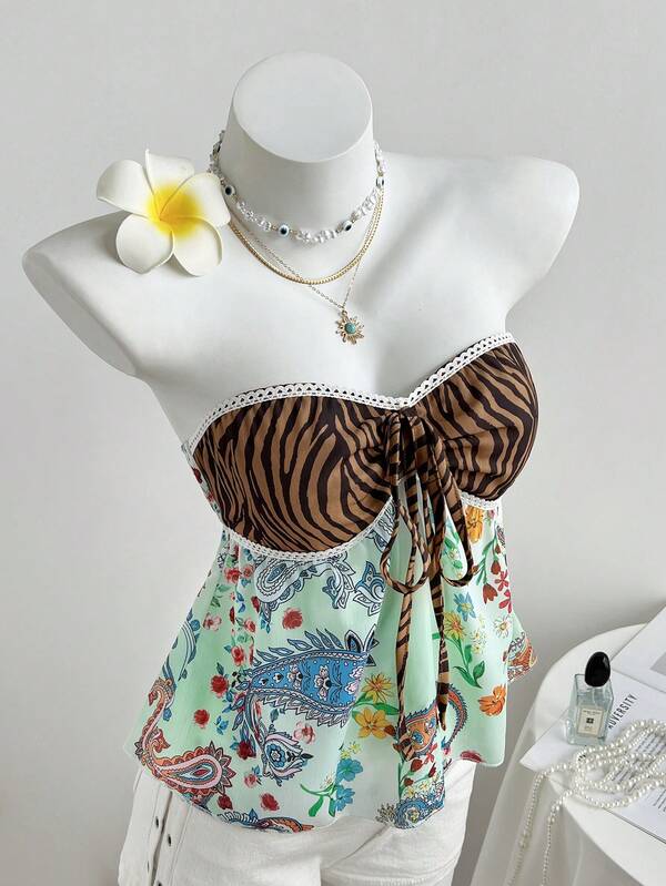 Sunnyshic Women's Summer Casual Vacation Embroidered Leopard Print Bow Tie Waist A-Line Paisley Patchwork Sleeveless Top, Suitable For Boho Party, Beach Holiday, Casual Party, Music Festival