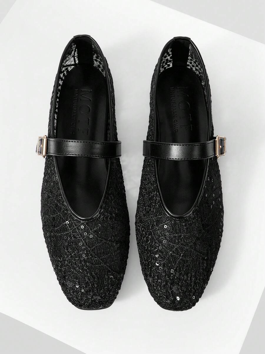 MOTF PREMIUM CÓMODAS Y VERSÁTILES BAILARINAS DE MUJER CON PUNTA CUADRADA ESTILO MARY JANE, ADECUADAS PARA COMMUTING Y USO CASUAL - Malla de encaje negro - Ver 1