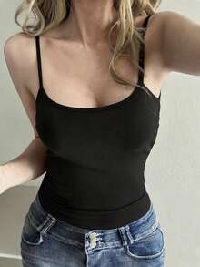 DAZY 女士纯色罗纹吊带背心，秋季新品 - 黑色 - 查看 3