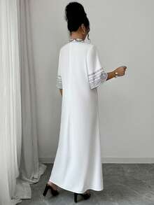 Selianne Boho White Long A Line Dress For Women Striped Pattern Notched Neckline Short Sleeve Fabric Material - White - View 2