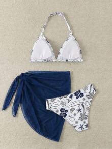 SHEIN Bộ đồ bơi 3 mảnh dành cho thiếu nữ: Áo bikini họa tiết hoa nhí, quần bikini và chân váy buộc dây phía trước, màu xanh dương và trắng. - Xanh và trắng - Xem 2
