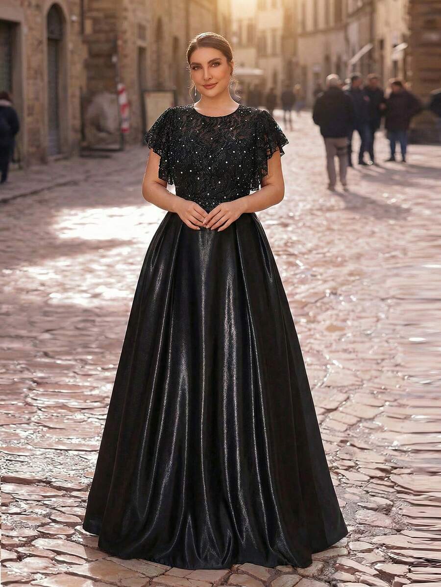 Aureia Plus Size Elegant Romantic Black Round Neck Ruffle Sleeve Luxury Sequins Sequin Splice Wedding Dress, A-Line Hem With Sequins & Rhinestone Decor, Suitable For Wedding, Party, Formal Evening, Mother Of The Bride Gown - Black - View 1