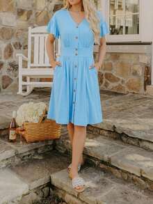 Coeurva 女士休闲针织弹力度假连衣裙，蓝色，春夏女士度假连衣裙摆裙纽扣连衣裙休闲连衣裙浅蓝色连衣裙蓝色度假连衣裙女士纽扣前开襟连衣裙天蓝色连衣裙女士连衣裙黄色连衣裙女士连衣裙折扣码Zanzea女士连衣裙 - 薄荷藍 - 查看 18