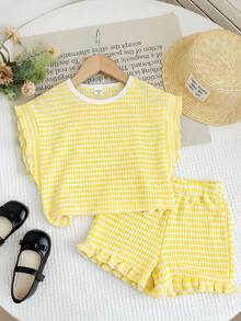 SHEIN 2件套 女童条纹圆领针织T恤和短裤 - 黃色 - 查看 3
