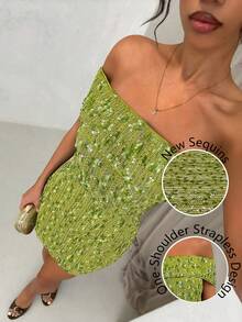 Glamine Women's Elegant Lime Green Sequin Mini Dress,70s Summer Party Cocktail Dress,Asymmetrical Shoulder Fitted Sparkly Strapless Outfits - Green - View 6