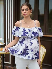 Momance 孕妇吊带背心，露肩荷叶边下摆，松紧腰A字下摆，数码印花衬衫 - 淡紫色 - 查看 6