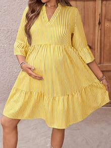 SHEIN Đầm sơ mi ngắn tay cổ đứng kẻ sọc dành cho nữ - Màu vàng - Xem 3