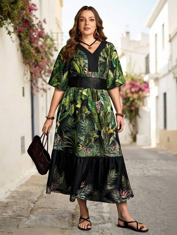 Plus Size Women Tropical Plant Print V-Neck Short Sleeve Casual Dress Summer Outfits Beach Vacation Outfits For Women Floral Dress BOHO Clothes Reflora Plus Size Elegant Dress Plus Size Spring Dress Plus Size Vacation Casual Dress Women's Plus Size Dresses Plus Size Women's Summer Outfits Summer Outfits For Women Beach Outfit For Women Casual Vacation Outfits Women Country Concert Outfit Peplum