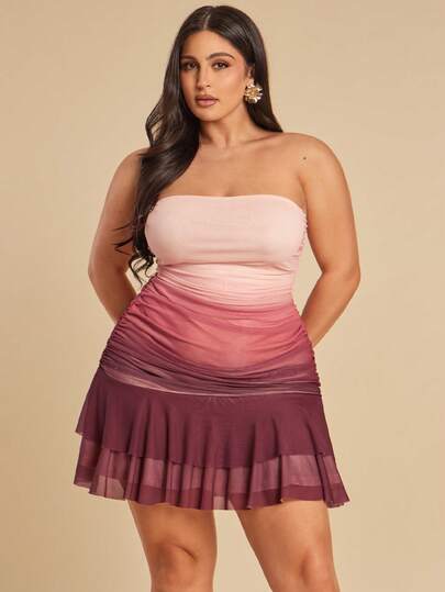 SHEIN BAE Plus Size Women Gradient Strapless Shorts Jumpsuit With Mesh Overlay