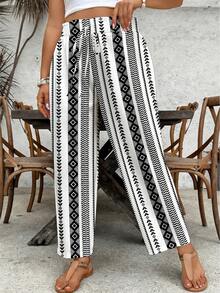 SHEIN VCAY Pantalones sueltos con cintura anudada y estampado geométrico para mujer de talla grande - Blanco y Negro - Ver 6